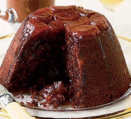 Chocolate & apricot pud with glossy chocolate sauce