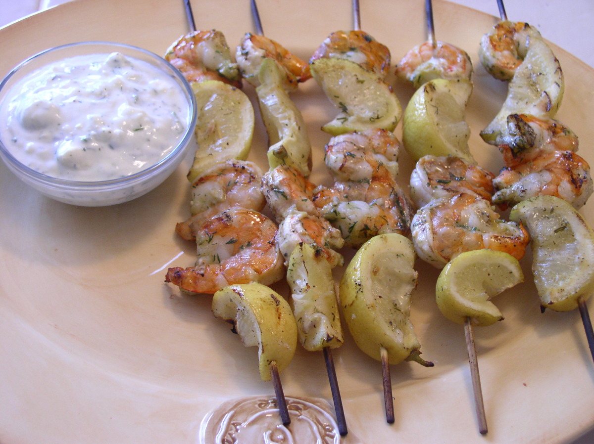 Shrimp and Lemon Skewers With Feta Dill Sauce