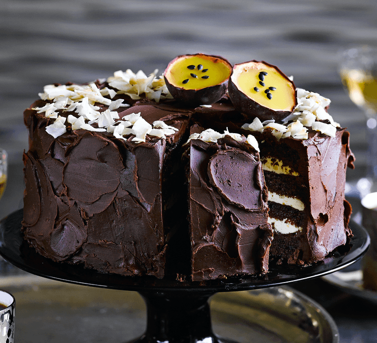 Dark chocolate, coconut & passion fruit mousse cake