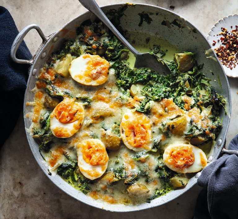 Pressure cooker spiced potato & spinach with eggs