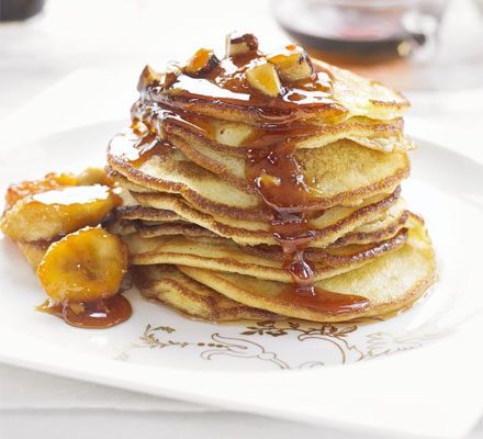 Baby buttermilk pancakes with sticky bananas & Brazils