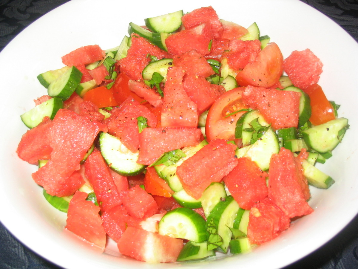 Watermelon, Cucumber and Tomato Salad