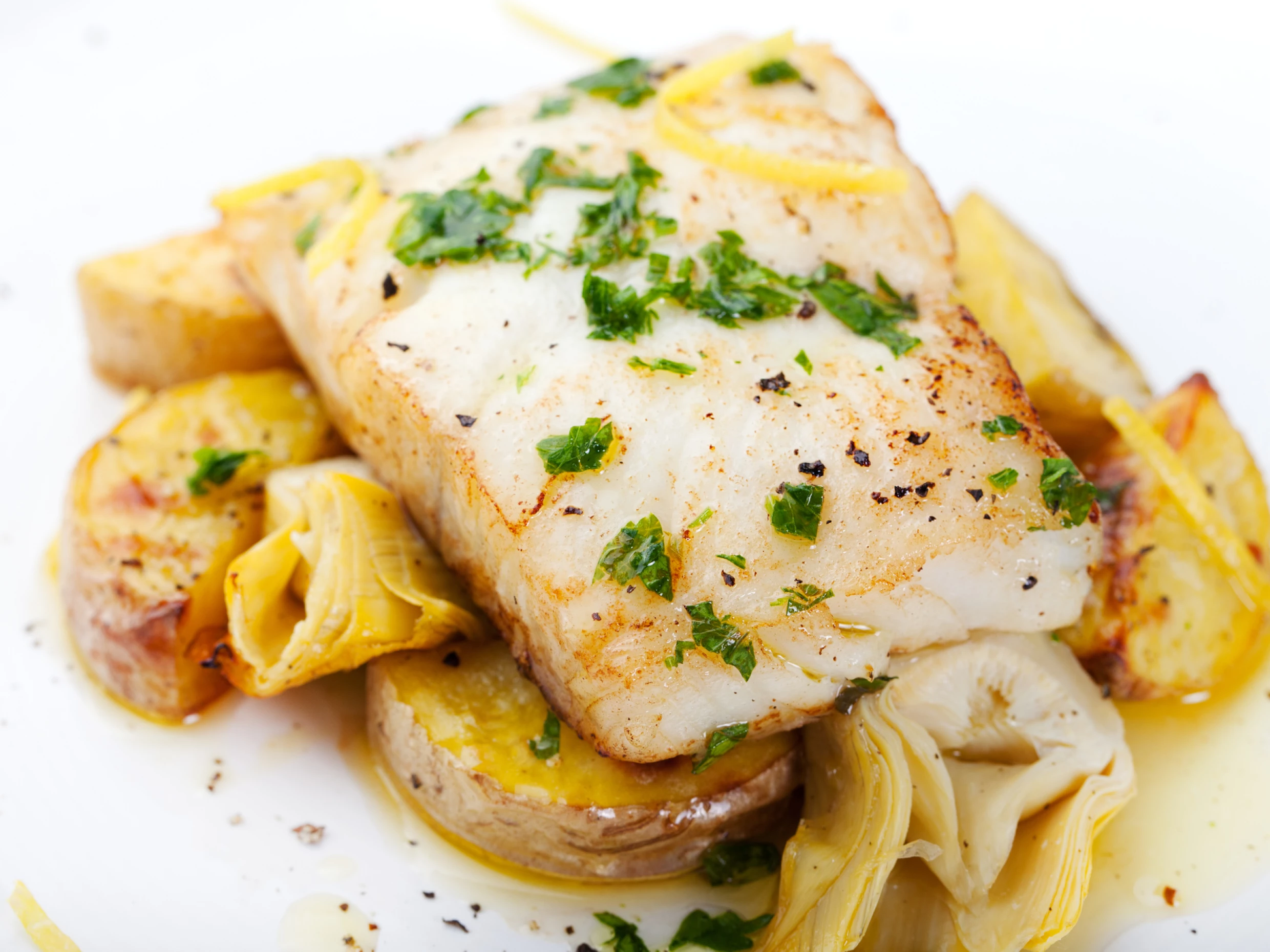 Pan-Seared Halibut with Artichoke Hearts in Saffron Broth