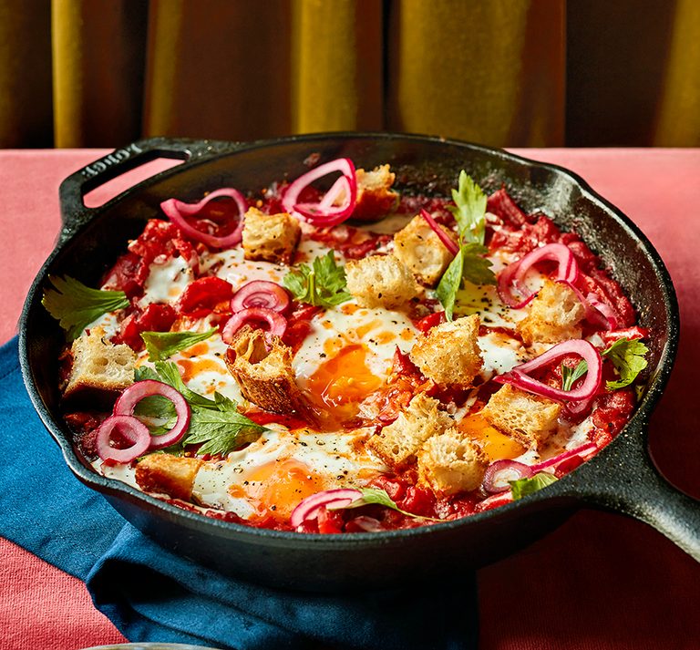 Spicy Bloody Mary Eggs with Crunchy Croutons