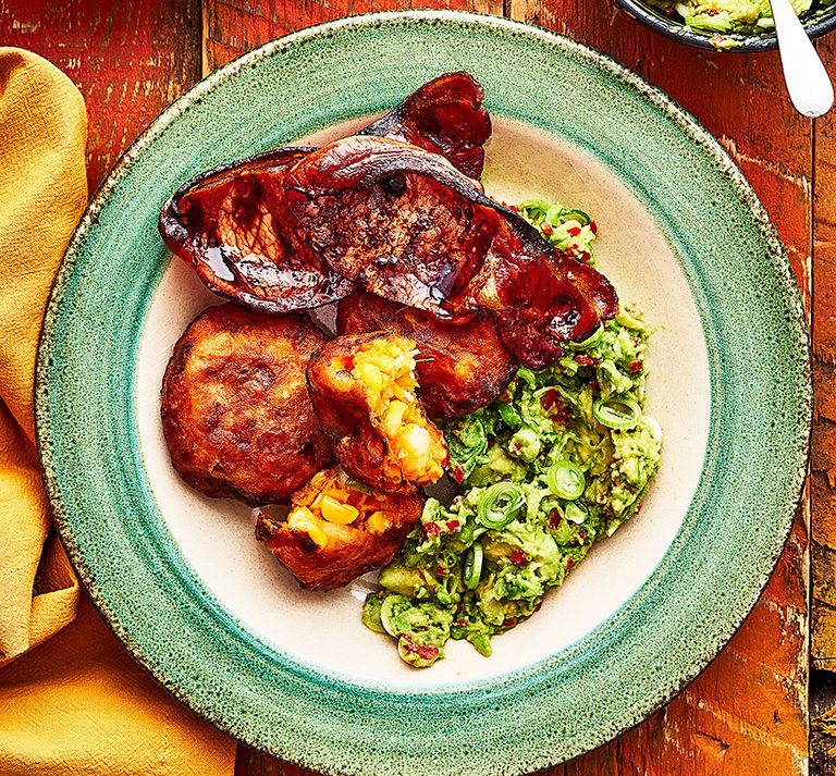 Sweet potato & corn cakes with tamarind bacon & avocado