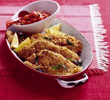 Pork schnitzel with tomato & caper sauce