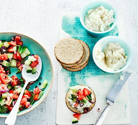 Bean & feta spread with Greek salad salsa & oatcakes