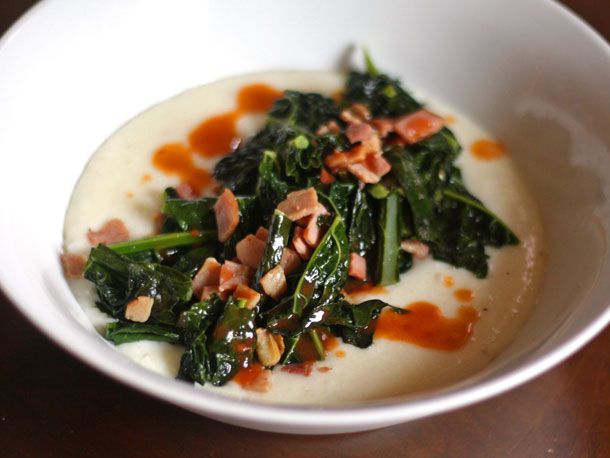 Cheesy Grits with Sautéed Ham and Kale