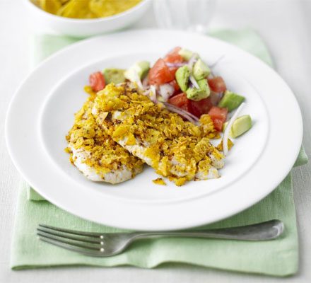 Spice-crunch chicken with guacamole salad & tortillas