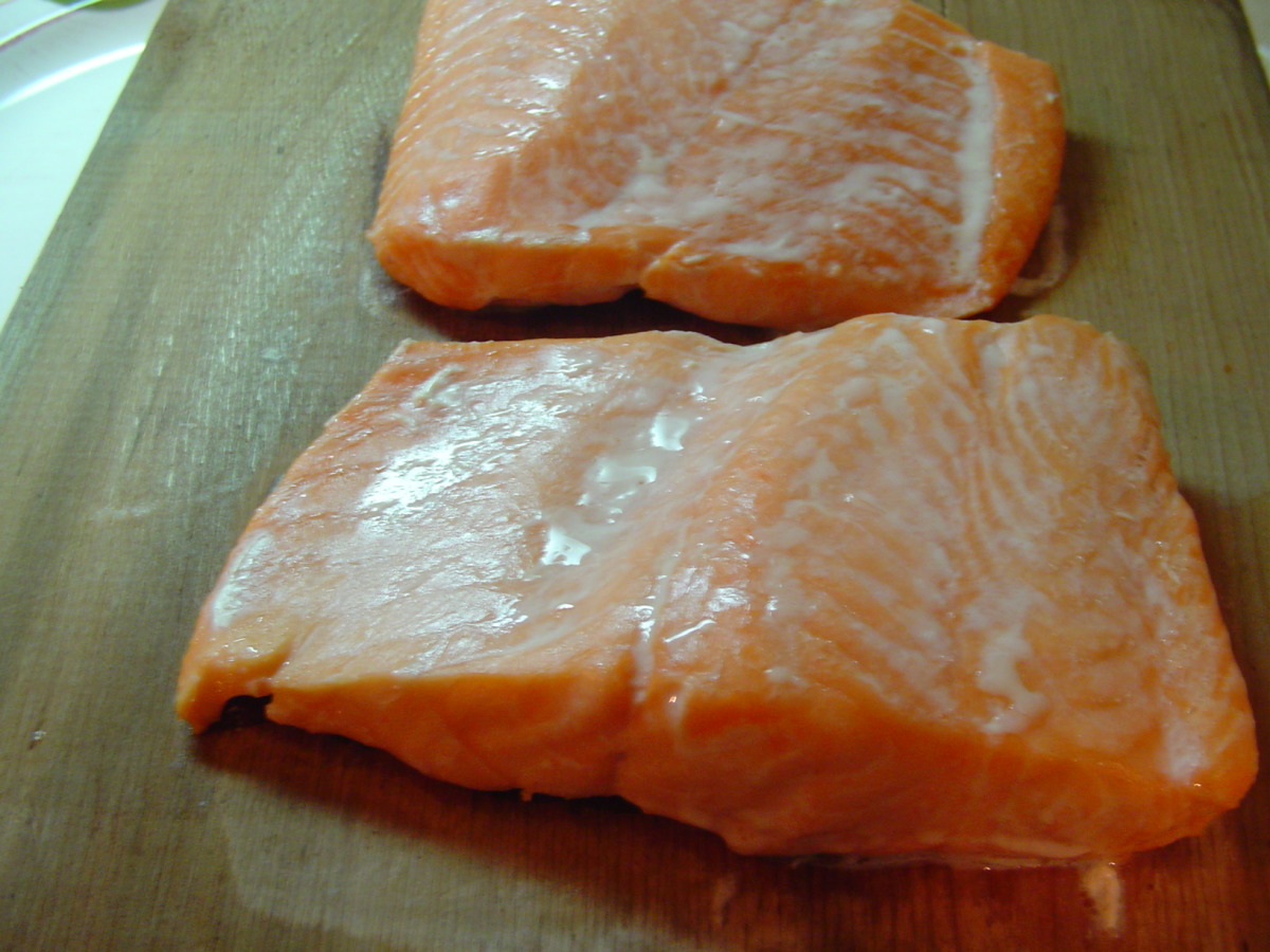 Salmon Baked on Cedar with Lobster Sauce