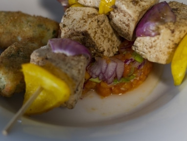 Spiced Tofu with Papaya Salsa and Yam Croquettes