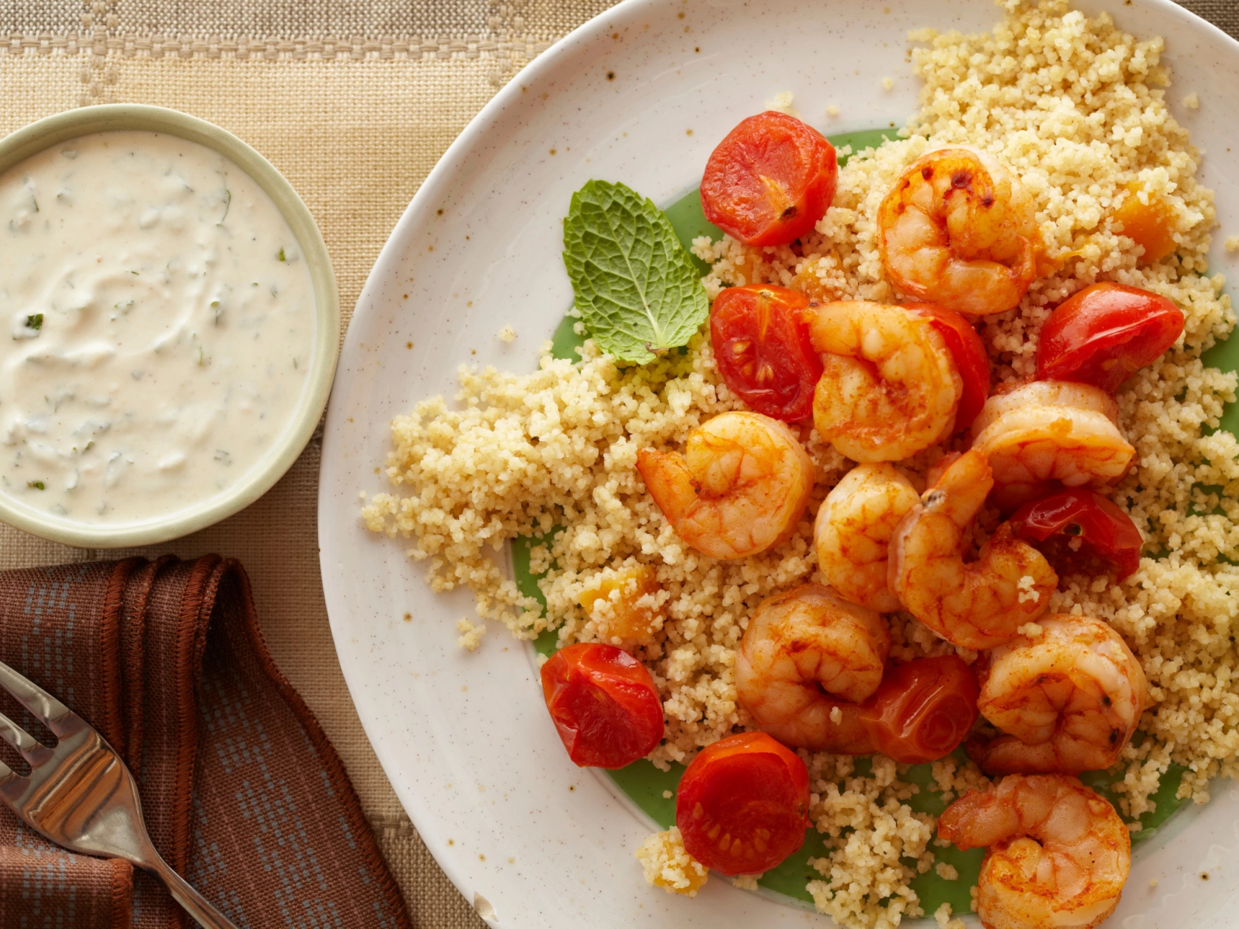 20-Minute Prawns and Couscous with Yoghurt-Hummus Sauce