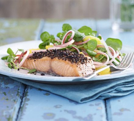 Lightly smoked salmon with orange & rhubarb salad