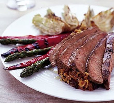 Marinated barbecue lamb with shallot marmalade, served with griddled vegetables