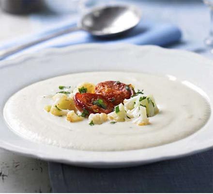 Potage Dubarry with crisp chorizo (Creamy cauliflower soup)