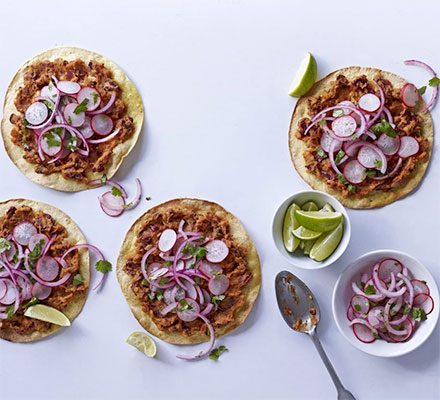 Spicy Bean Tostadas with Pickled Onions and Radish Salad
