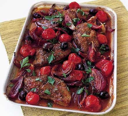 Lamb steaks with tomatoes & olives